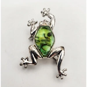 Silberfarbene Frosch Brosche grüne Intarsien Anstecknadel Reptil Tierschmuck - Bild 1 von 6