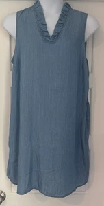 Crown & Ivy Denim Chambray Look Tencel Sleeveless Dress Sz 16W Ruffle Neck Zip - Picture 1 of 11