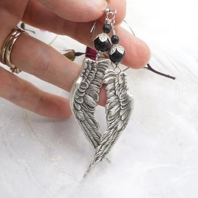 Серебряный ангел крыло серьги, готический стиль черный жемчуг ручной работы заявление ювелирных изделий - Изображение 1 из 4