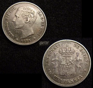 *GUTSE*195-ALFONSO XII, 1 PESETA 1876*18-76, MADRID DE M, MBC++ - Bild 1 von 1