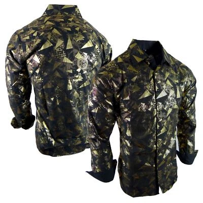 Mens Black Shirt Shiny Gold Foil Confetti Prints Stretch Button Up Casual Dress - Image 1 of 4