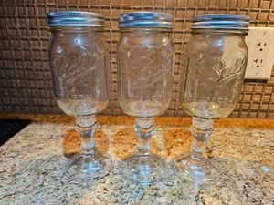 Ball Mason Jar3  Piece Set - Wine Glass Stem Pedestal or 12 Oz Drinking Cups - Picture 1 of 3