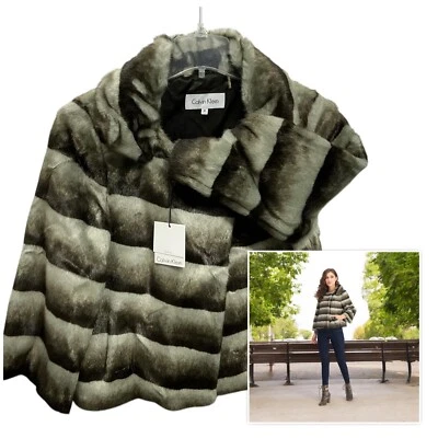 Abrigo vegano de piel sintética M Calvin Klein chal chaqueta abrigo ópera rayas verde gris Foto 1 de 4