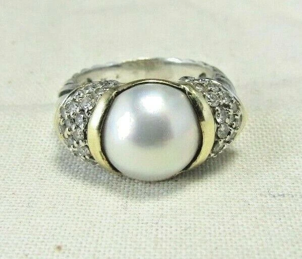 David Yurman 18K & Sterling Silver Pearl & Diamonds Capri Ring Size 4.75 Foto 1 de 1