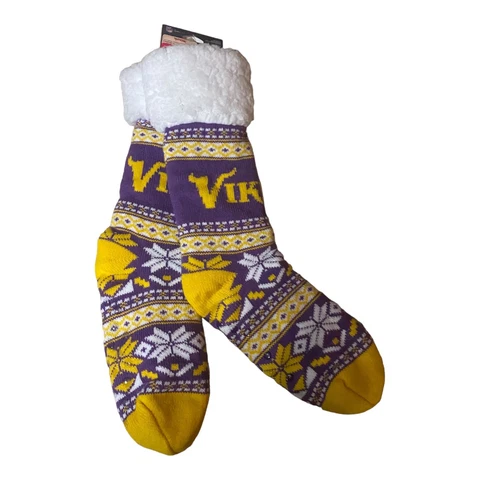 Minnesota Vikings Women's Fair Aisle Tall Logo Footy Slippers Size 6-10 Non Skid Cover