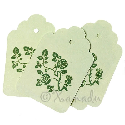 XANADU DESIGNS Mint Green Rose Floral Wholesale Paper Label Tags P8372 - 20, 50 Or 100PCs