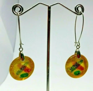 Vintage Silver Metal Fossil inside Amber Look Long Drop Earrings 1980' - Picture 1 of 5