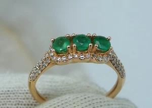 14k Rose Gold .65ct Pave Diamond .30ct Columbian Emerald Gem RING 6.5 Engagement - Picture 1 of 12