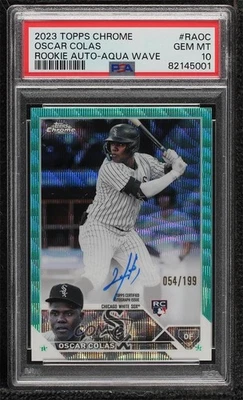 2023 Chrome Rookie Aqua Wave Refractor Oscar Colas Colás PSA 10 GEM MT Auto RC - Image 1 of 2