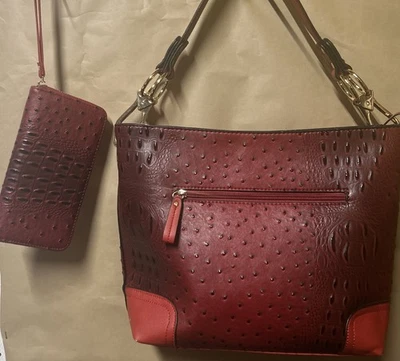 Conjunto de bolso/cartera hobo de cuero vegano cocodrilo rojo colección MKF Wandy para mujer Foto 1 de 4