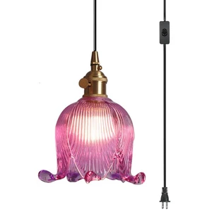 Hanging Swag Plug in Pendant Light Flower Shaped Purple Glass Plug Pendant La... - Picture 1 of 7