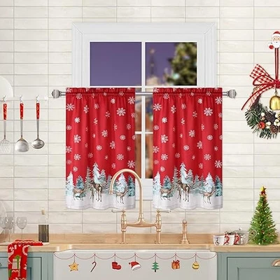 Cortina de café de cocina de Navidad 30 pulgadas, copo de nieve 26" W x 30" L (paquete de 2) roja Foto 1 de 4