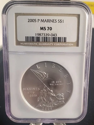2005-P Marines Commemorative Proof Silver $1 Dollar NGC MS 70 - Image 1 of 4