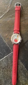 Christmas Theme Dial Silver Red Genuine Leather Band Watch Working New Battery - Picture 1 of 5
