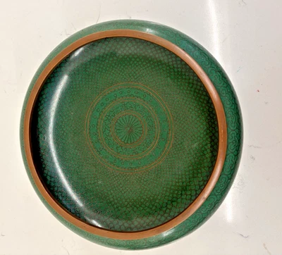 Antiguo tazón bajo de esmalte de cobre cloisonné verde patrón circular Foto 1 de 4