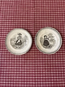 Pair Mid 19th Century Childs Dishes W Black Transferware Pattern Of Girls - Picture 1 of 9