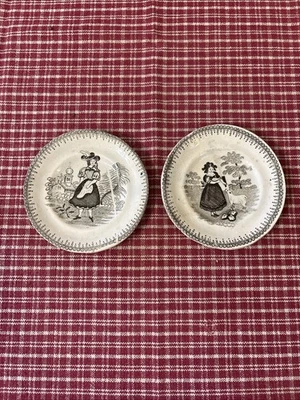 Pair Mid 19th Century Childs Dishes W Black Transferware Pattern Of Girls - Image 1 of 4