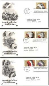 US #2501-05 FDC, 3 covers containing complete set of 5 Indian Headresses, 1990 - Picture 1 of 1