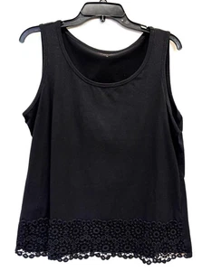 COLDWATER CREEK Black Tank Top Size Large with Lace Hem Cotton - Picture 1 of 3