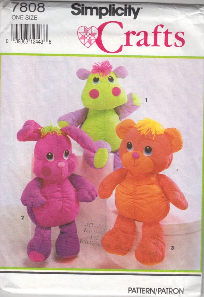 Vintage Sewing Pattern Simplicity Crafts 7808  Cuddly Bear, Bunny & Hippo - Image 1 of 1