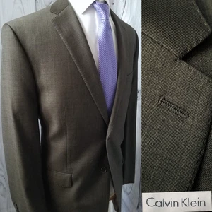 Calvin Klein Men Blazer 44R 46 Olive Sharkskin Topstitch Wool Sports Coat Jacket - Picture 1 of 20