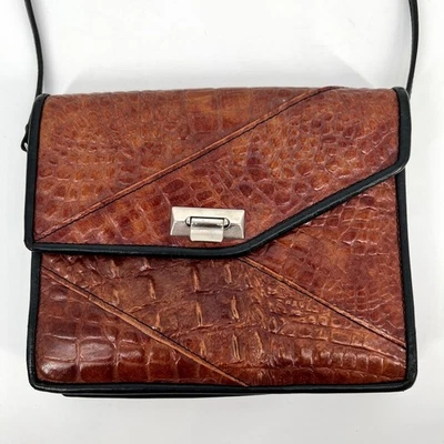Vintage Crocodile Alligator Leather Shoulder Bag Clutch Cognac Brown Black Purse - Image 1 of 4