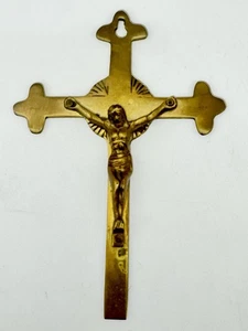 Vintage Solid Brass Wall Crucifix Catholic Cross Jesus Sunburst Trefoil Ends - Picture 1 of 8