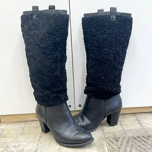 UGG Boots Womens Sz UK 4.5 Ava Exposed Black Fur Slip On Knee High Stacked Heel - Picture 1 of 5