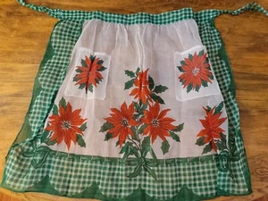 Grembiule vintage MID CENTURY verde con poinsettie floccate rosse - Foto 1 di 3