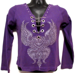 Biker Design Pullover Shirt Damen groß lila Strass Adler Metall Kette Nieten - Bild 1 von 9