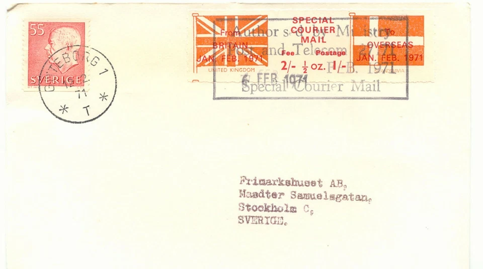 GB 1971 SPECIAL COURIER MAIL 2Sh+1Sh strike post cover w strikepost stamp SWEDEN - Image 1 of 1