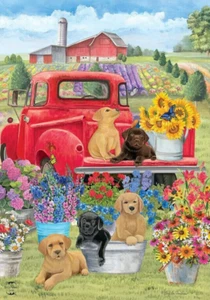 Briarwood Lane 28" x 40" Garden House Flag - Spring Day Puppies Flowers & Truck - Picture 1 of 1