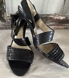 Touch Of Nina Black VIPOR 8.5M Ankle Strap Peep Toe Heels Snake Embossed Leather - Picture 1 of 5