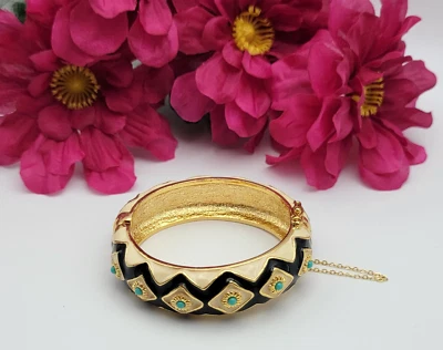 J.Crew Gold Tone Turquoise Bead Multicolor Enamel Hinged Bracelet Clamper 6.5" - Image 1 of 4