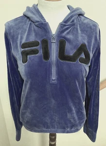 Fila-L/S-Purple-Velour-1/4 Zip-Logo-Hooded Sweatshirt-Elastic Waistband-S-EUC - Picture 1 of 3