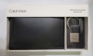 CALVIN KLEIN CK  Men Genuine Leather SLIM BookFOLD Wallet Key fob RFID ~ BLACk