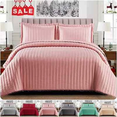3 Piece Emboss Bedspread Quilted Comforter Bedding Set Bed Throw Reversible - Image 1 of 4