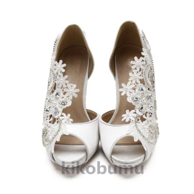 WHITE IVORY 3" 4" Open Toe Satin Ribbon bridal high heels evening wedding shoes - Image 1 of 4