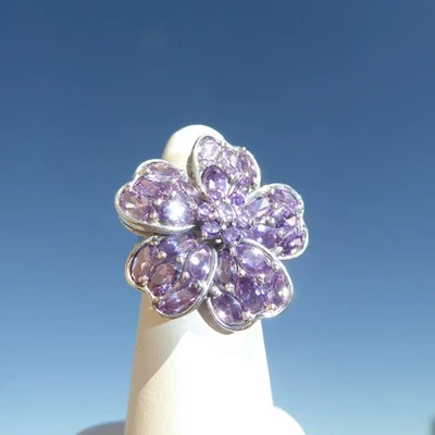 HERMOSO ANILLO DE ACERO GRANDE PLATA 925 AMATISTA FLOR ANILLO TALLA 5.5 GRAN DISEÑO Foto 1 de 4