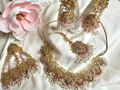 Conjunto de collar enchapado en oro rosa con Jhumar de Bollywood indio paquistaní Foto 1 de 4