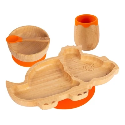 4pc Tiny Dining Orange Dinosaurier Bambus Baby-Fütterungsset Entwöhnung Teller - Bild 1 von 4