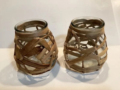 WICKER/RATTAN 5.5” BOHO  NATURAL WRAPPED CLEAR GLASS - Image 1 of 4
