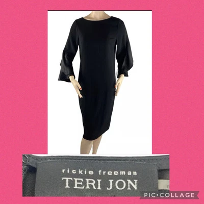 NUEVO CON ETIQUETAS RICKIE FREEMAN TERI JON Vestido de Cóctel Capricho Negro Manga Campana de Hadas 8 Foto 1 de 4