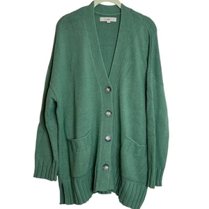 Loft Womens Cardigan Sweater XL Green Button Front Knit Pockets Cotton Blend - Picture 1 of 6
