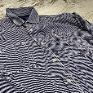 Vintage Bugle Boy Long Sleeve Button Down Railroad Blue Striped Shirt Men's L - Picture 1 of 7