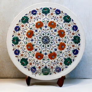 Weiße Marmor Intarsien Platte | Floral Mandala Mosaik Kunst | Handarbeit Edelstein Tisch - Bild 1 von 5