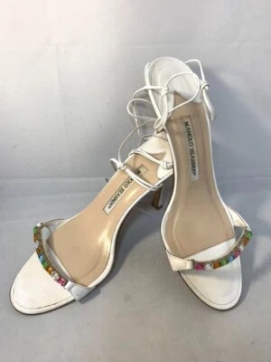 Manolo Blahnik Lace-Up Sandals White Leather with Colorful Crystals Size 38 - Image 1 of 4