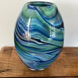 HAND MADE ART GLASS VASE - OVAL SHAPED WITH MOSTLY SHADES OF BLUE SWIRLS - Picture 1 of 5