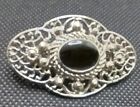 Vtg Silver Tone Scroll Filigree Victorian Brooch Black Oval Glass Stone 2"X1.25"