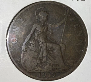 1919 Great Britain UK One Penny Coin King George V KM-810 Bronze 1 Penny - Picture 1 of 3